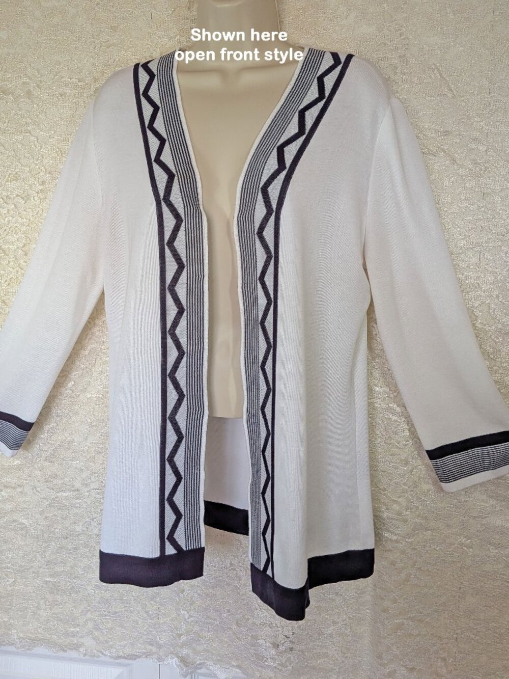 40" bust MISOOK knit blazer, White, Black striped trim, V neck, Hidden hooks - Picture 8 of 16